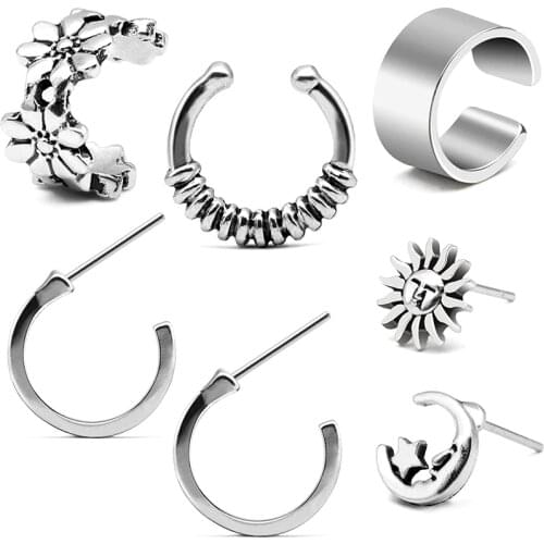 Boho Crawler Cuff Bar Earrings Sets Moon Star Sun Stud Vine Tribal Charm Flower Hoop Earring Vintage Punk Style for Girl Women