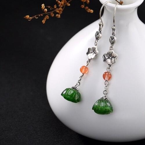 S925 pure silver inlay restoring ancient ways ms hetian jade jade lotus earrings