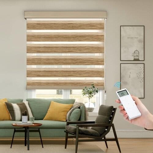 Zebra Blinds Motorized Deluxe Faux Linen 60% Shading Fabric Remote Electric Roller Blinds Curtain for Windows Bedroom Office
