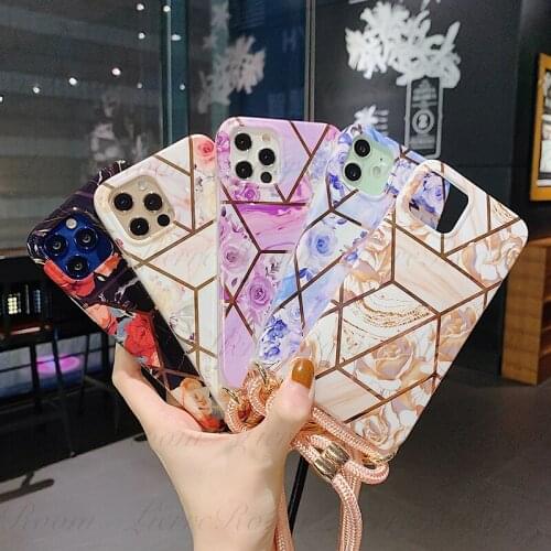 LierreRoom For Marble Stitching Rhombus Flower Crossbody Lanyard Suitable For IPhone 12 Pro And IPhone 11 XR SE2 Silicone Shell