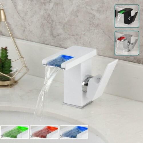 LED Matte Black Bathroom Basin Faucet Brass Wash Basin Sink Mixer Tap Waterfall Spout Deck Mounted Hot & Cold Water Mixer Faucet