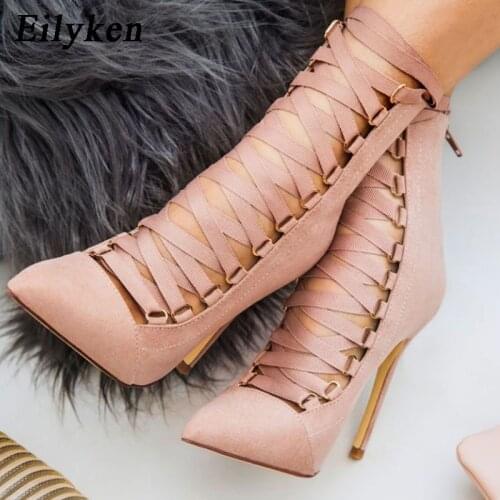 Eilyken High Quality Gladiator Women Pump Genova Stiletto Sandal Boot Pointed Toe Strappy Lace Up Pumps Shoes Woman Sandals 12CM