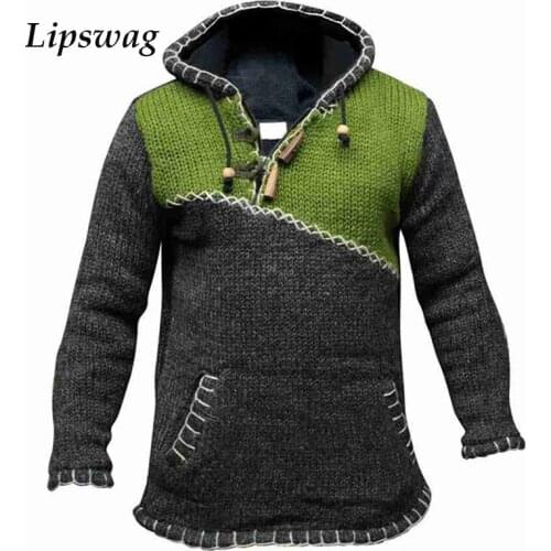Vintage Knitted Hooded Sweater For Men Winter Warm Thick Long Sleeve Pullover Jumper Spring Male Plus Size Patchwork Hoodie Tops