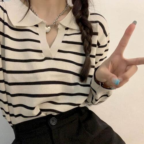 2021 Spring Summer Long Sleeve T-shirt Korean Loose Harajuku Vintage Gothic Punk Clothes Graphic Tee Top For Women Striped Goth