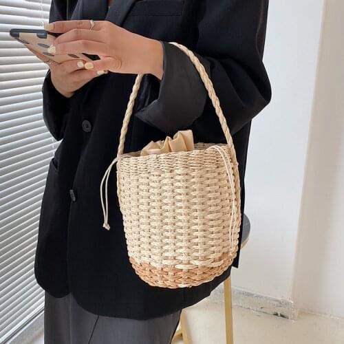 Small Woven Bucket Straw Bags for Women 2021 New Handmade Beach Handbag and Purses Casual Travel Female Shopper Shoulder Bag