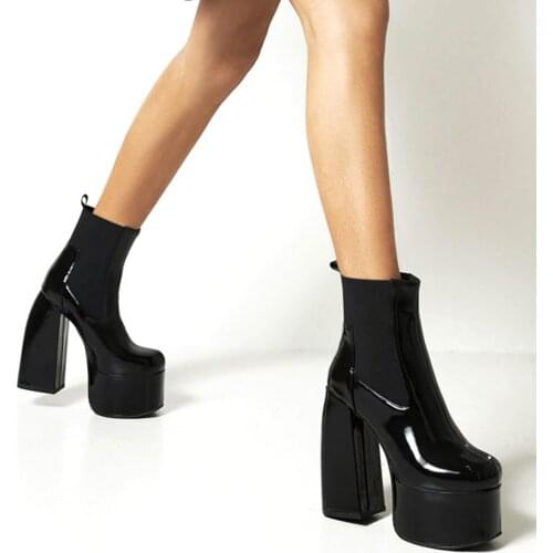 GIGIFOX Brand New Fashion Gothic Style Big Size 46 Super High Chunky Heels Platform Slip On Black Ankle Boots Party Woman Shoes