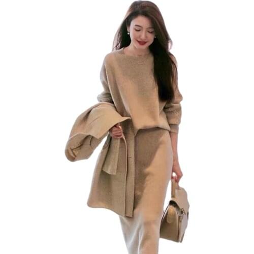 New Autumn Winter Two Piece Set Women O-neck Long Sleeve Pullover Sweater + Long Midi Skirts Suits Female French Simple Casual