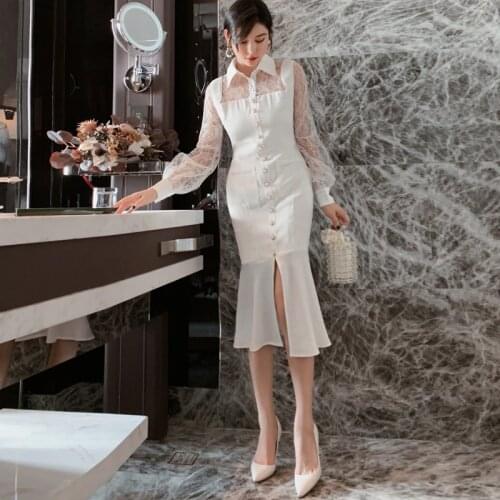 2020 Spring Bodycon Lace Patchwork Mermaid Dress Women White Turn-down Collar Long Sleeve Dress Office Lady Elegant Party Dress
