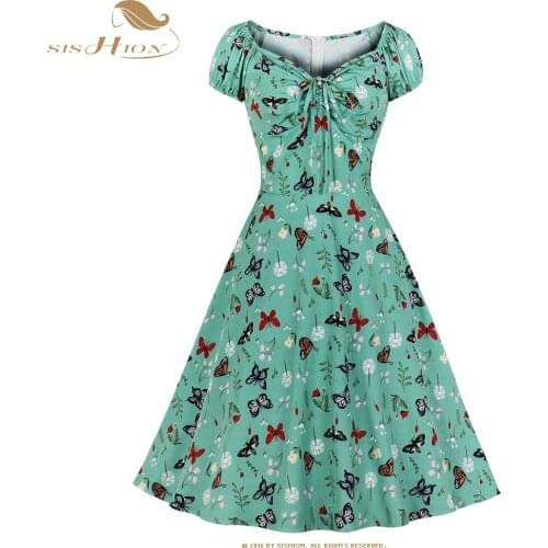 SISHION Retro Vintage Butterfly Flowers Floral Print Light Green Short Sleeve Drawstring Women Dress VD2186