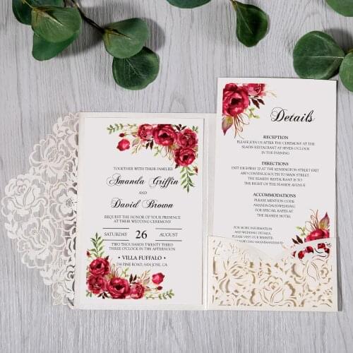 50pcs White Laser Cut Floral Invitation Cards for Wedding with Envelope