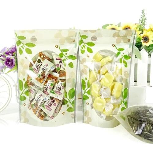 50pcs Green Leaf Plastic Zip Lock Bag Stand Up Tea Packaging Bag Handmade Food Candy Pouch Gift Package Bag With Window