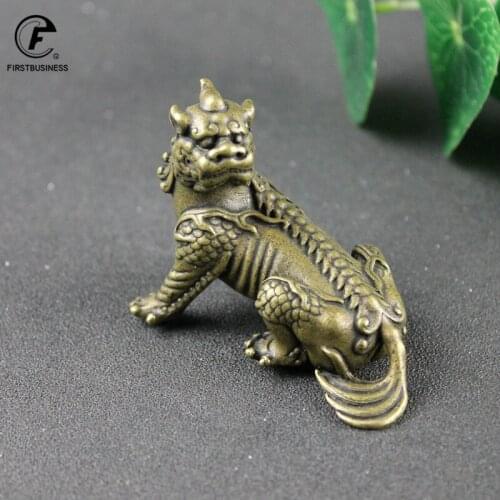 Antique Bronze Chinese Myth Beast Qi Lin Statue Miniature Figurines Desktop Ornaments Home Car Decorations Copper Crafts Gifts