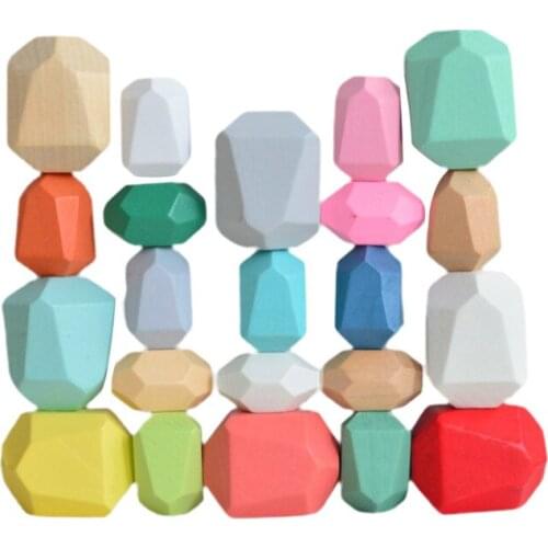 Wooden Building Blocks Set Natural Balancing Blocks Colored Wooden Stones Stacking Game Rock Blocks Educational Puzzle Toy