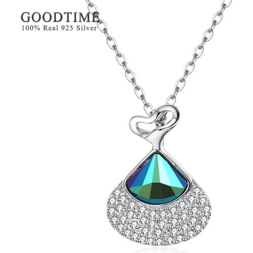 Elegant Women Necklace Jewelry 925 Sterling Silver Necklace Lovely Fan Shape Skirt Crystal Pendant Necklaces Girls Party Jewelry