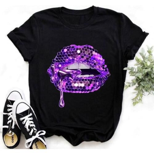 Black T Shirt Women Glitter Lips Graphic Print Tshirt Femme Luxurious Makeup Sexy T-Shirt Aesthetic Clothes Summer Tops