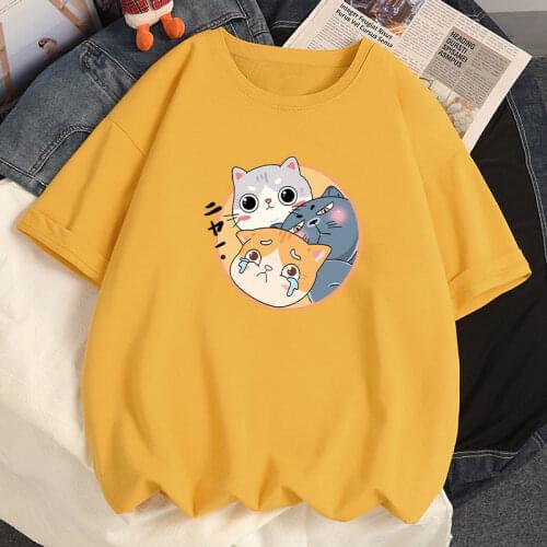 Women Cotton T-Shirts 2021 New Summer T-Shirts Harajuku Lovely Cat Anime Style Short Sleeved T-Shirt Plus Size S-5XL Women Tops