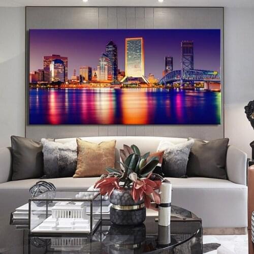 Modern Cityscape Posters and Prints Wall Art Canvas Painting Florida Tampa Night View Pictures for Living Room Decor No Frame