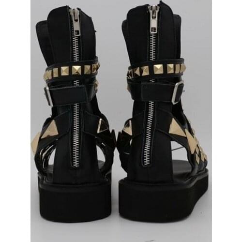 Summer High Top Mens Metal Rivets Gladiator Sandals Platform Flats Open Toes Real Leather Hollow Out Runway Shoes Beach Sandals