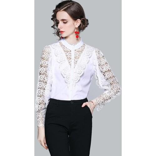 Sweet Crochet Flower Hollow Out Lace Stitching Shirt Top Women Lantern Long Sleeve Single-Breasted Stand Collar Blouse