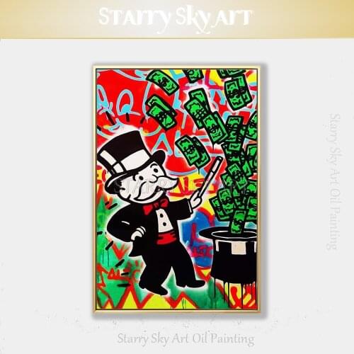 Low Price High Quality Hand-painted Cartoon Figure Magician Rich Man Oil Painting on Canvas Pop Fine Art Moneybags Oil Painting