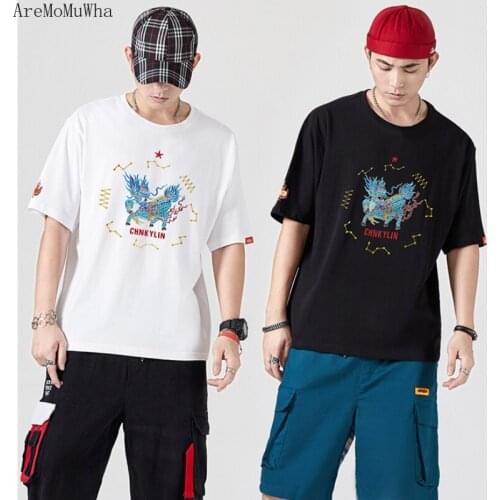 2021 Summer New National Tide Unicorn Embroidery Chinese Style Mens Round Neck Short-sleeved T-shirt Mens Half-sleeved Top