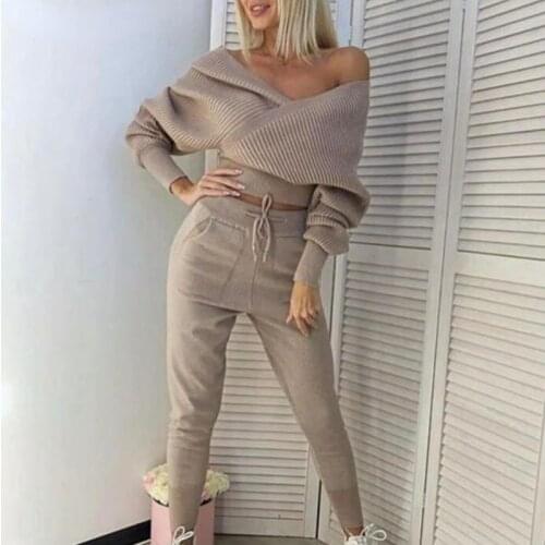 New Autumn Knitted Womens Tracksuit Sexy Off shoudler Double V Neck Pullover Sweater + Harrem Pants Two Piece Set Casual Outfit