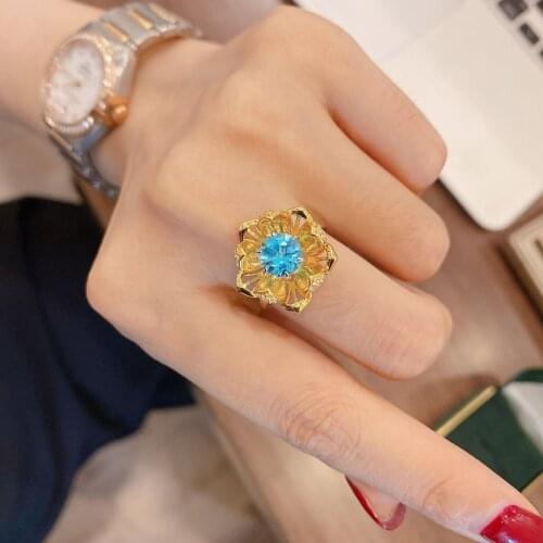 Original Craft S925 Silver Personality Design Rotatable Natural Topaz Lotus Ring Rotating Three-Dimensional Flowers