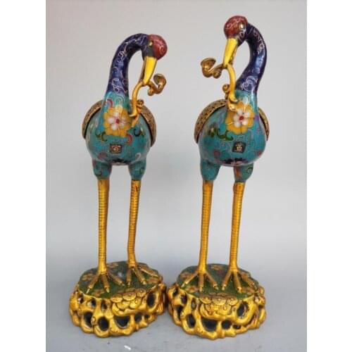 A pair Chinese pure brass cloisonne red-crowned crane incense burner Statue RT