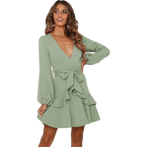 Elegant Ladies Lantern Sleeve Dress Solid Color Fashion Ruffled Hem Vestido Autumn Women Deep V-neck Sexy Dress