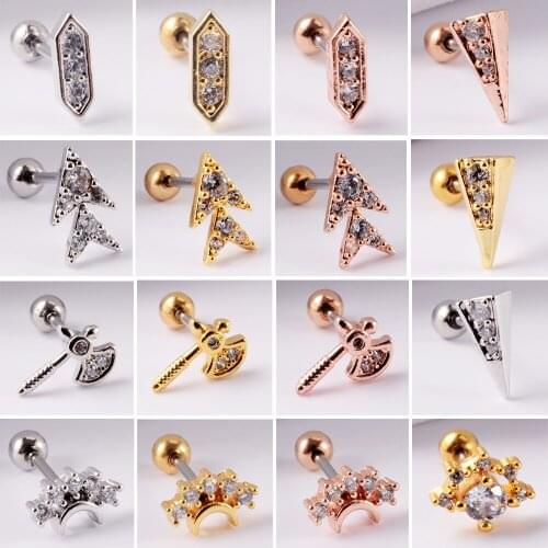 1PC Stainless Steel Cz Ear Tragus Cartilage Earrings Crystal Moon Cross Lobe Helix Daith Earring Barbell Piercing Jewelry 20G