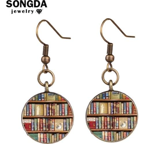Library Books Fun Earrings Vintage Bookshelf Creative Print Glass Cabochon Long Earrings for Wmen Girl Books Nerd Brincos