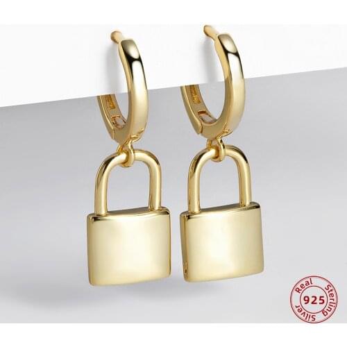 Sterling Silver 925 Lock Drop Earrings For Women Small Gold Silver Color Piercing Huggie Pandant Earring Real Silver Jewelry