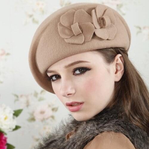 Vintage Formal Woolen Beret Hat Double Flower Autumn Hat Beret Hat Wholesale Fashion Party Womens hat Winter hats for Ladies