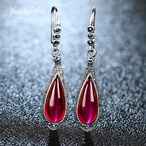 JIASHUNTAI Retro 100% 925 Sterling Silver Earrings For Women Vintage Red Ruby Gemstone Earrings Jewelry Female