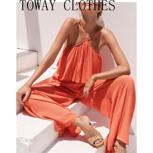 Summer Women Halter Solid Wide Leg Jumpsuit Layered Spaghetti Strap Ruffles One Piece