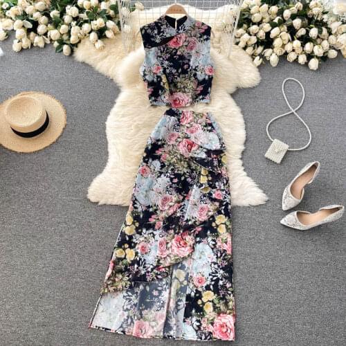 Womens Spring Summer Runway Fashion Sleeveless Floral Print Irregular Dress Female Chic Travel 2pcs Party Dress TB981