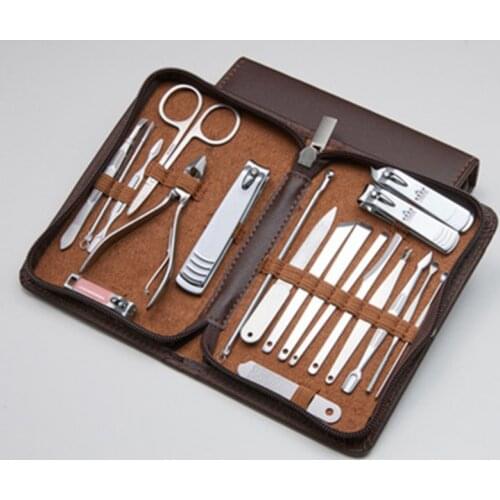 20pcs Manicure Set Pedicure Grooming Kit Nail Clippers Cuticle File Eyebrow Scissor Acne Needle w/ PU Case Stainless Steel
