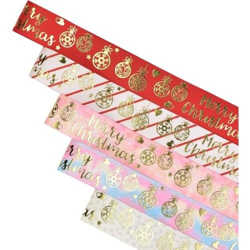 38mm Gold Foil Merry Christmas text gift Grosgrain Ribbon for Christmas 50yards Welcome Custom Printed