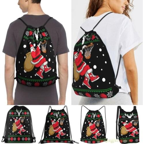 Santa Dunking Basketball Ugly Christmas Men Outdoor Travel Gym Bag Waterproof Drawstring Backpack Women Fitness Sackpack Bag
