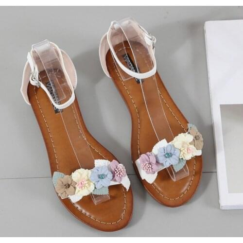 Nice Sweet Flower Ladies Flat Sandals Plus Size Beach Breathable PU Leather Women Summer Shoes Cover Heel Calzado Mujer