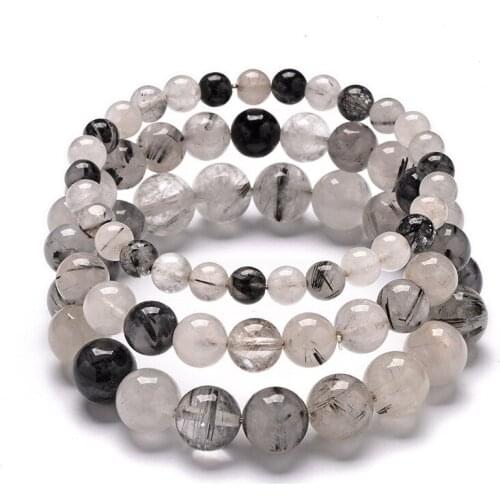 6/8/10mm Round Beaded Bracelets Stretch Natural Black Rutilated Black Hair Quartz Crystal Stone Wristband Bracelets Women Male