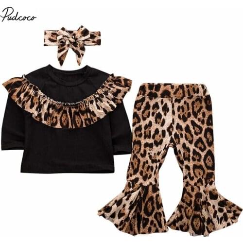 2019 Baby Spring Autumn Clothing Newborn Baby Girl Ruffled Romper Leopard Top T-shirt Flare Pant Outfit Party Clothes 3PCS 6M-5T