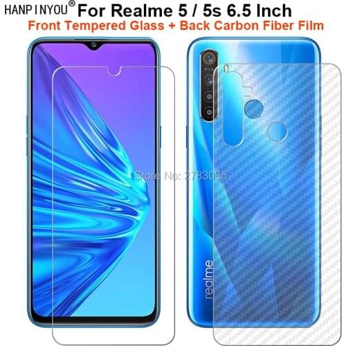 For OPPO Realme 5 / 5s 6.5" 1 Set = Soft Back Carbon Fiber Film +Ultra Thin Clear Tempered Glass Front Screen Protector