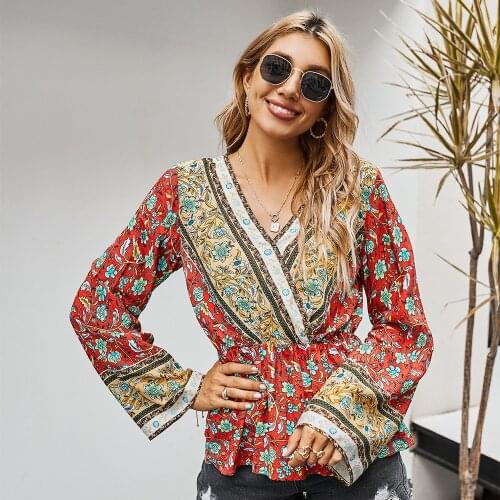 Elegant Vintage Floral Print Long Sleeve V-Neck Shirt Top Women Bohemian Casual Slim Elastic Waist Blouse Spring Autumn New 2020