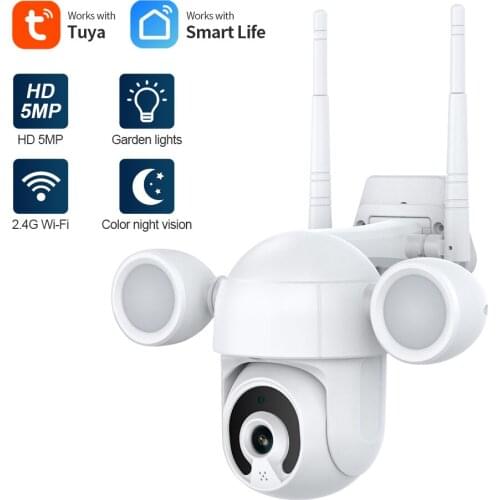 HD 5MP Tuya Camera Floodlight Courtyard Lighting PTZ Camera Outdoor Wifi Security Cam Color Night Vision AI Human Detection