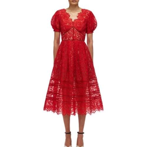 JSXDHK New 2121 Runway Self Portrait Midi Dress Spring Womens Sexy V Neck Eyelash Lace Hollow Out High Waist Red Dress Vestidos