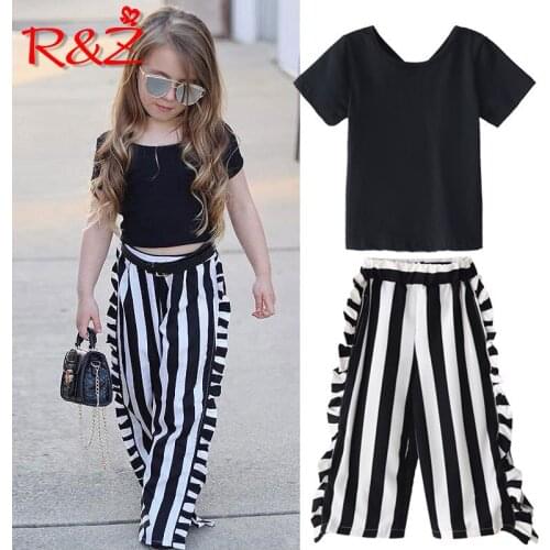 R&Z Baby Girls Sets 2019 New Summer Cotton Short Sleeve T-shirts Black Top+striped Trousers 2pcs Suits for Kids Childrens Suit