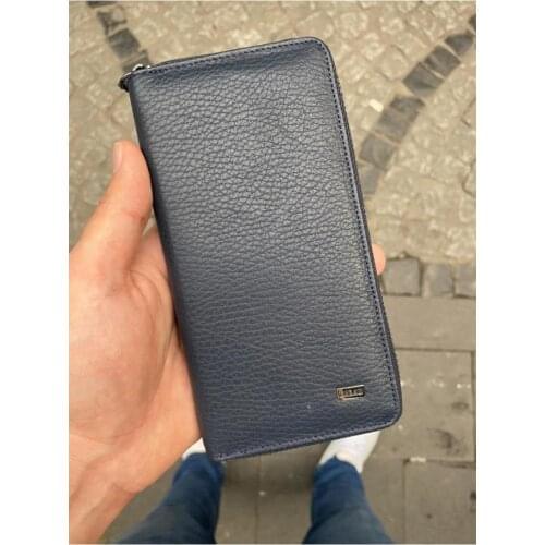 Karali Leather Phone Compartment Dark Blue Zipper Genuine Leather Wallet