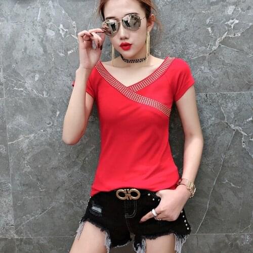 Summer Women Solid Color V Neck Short Sleeve T-shirt Slim Fit Sequined Tee Shirt Comfortable Stretchy Casual Crystal Tees Tops