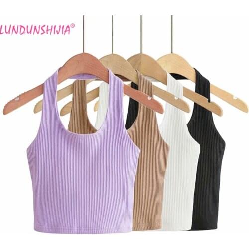 LUNDUNSHIJIA 2021 New Spring Summer Fashion Sexy Slim Womens Halter Tops Female Ribbed Cotton Hangs The Back Vest